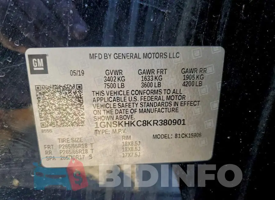 1GNSKHKC8KR380901 Photo# 12