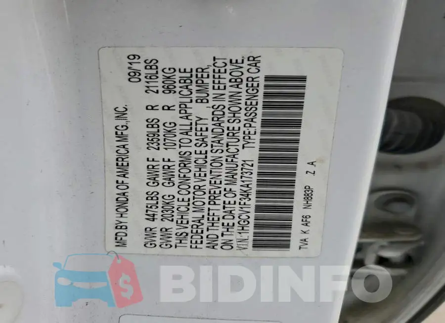 1HGCV1F34KA173721 Photo# 12