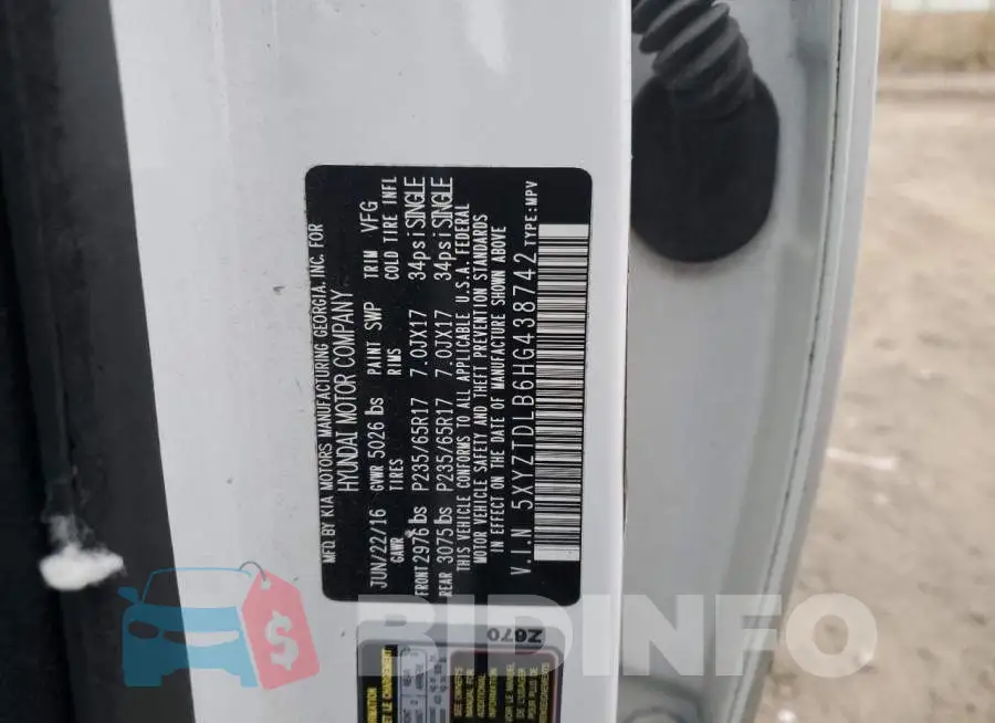 5XYZTDLB6HG438742 Photo# 13