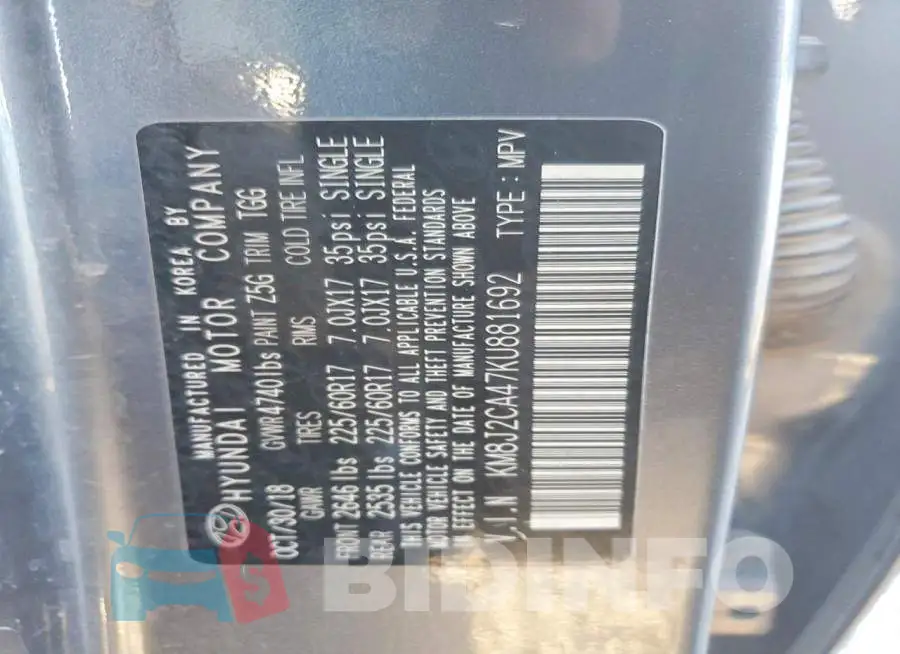 KM8J2CA47KU881692 Photo# 13