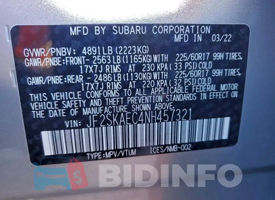 JF2SKAEC4NH457321 Photo# 13
