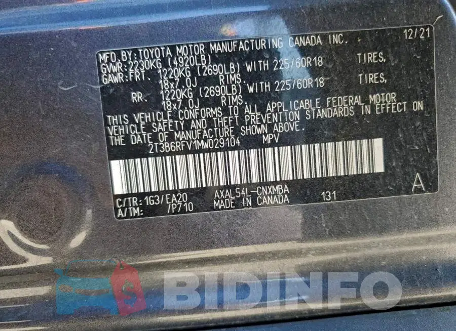 2T3B6RFV1MW029104 Photo# 13