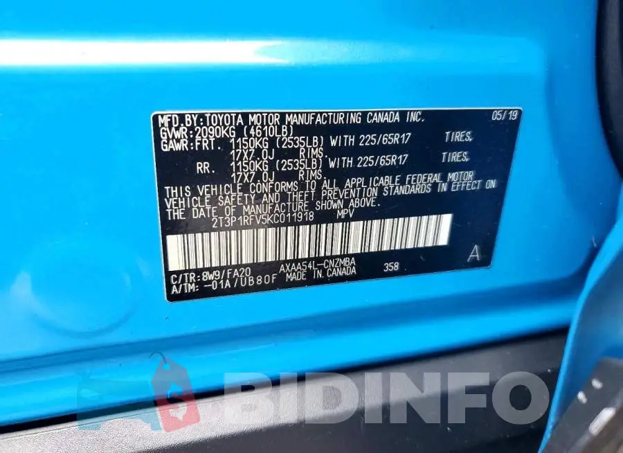 2T3P1RFV5KC011918 Photo# 14