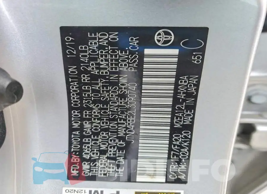 JTND4RBE2L3090740 Photo# 12