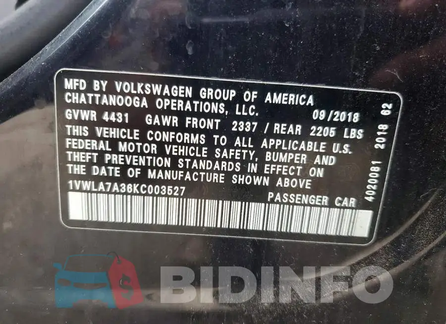 1VWLA7A36KC003527 Photo# 12