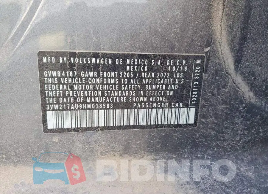 3VW217AU9HM018583 Photo# 13