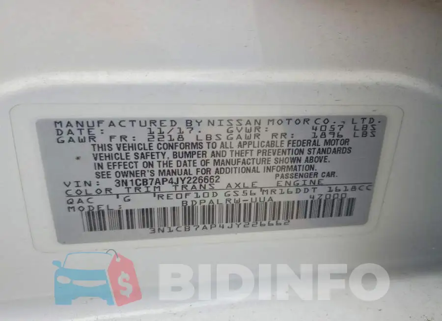 3N1CB7AP4JY226662 Photo# 13