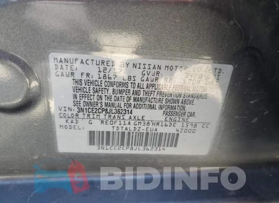 3N1CE2CP8JL362314 Photo# 12