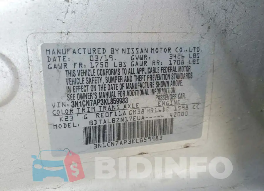 3N1CN7AP3KL859983 Photo# 12