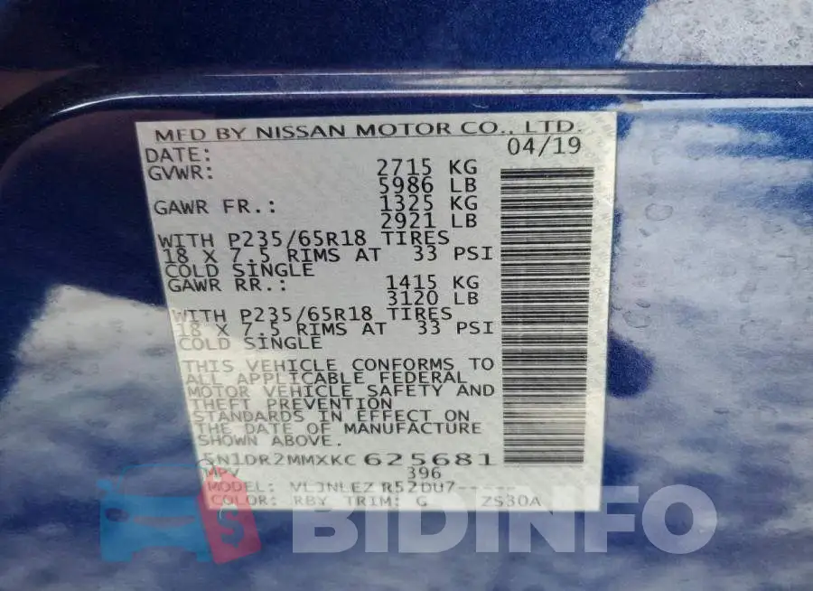 5N1DR2MMXKC625681 Photo# 13