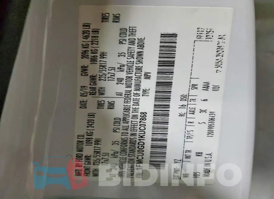 1FMCU0GD1KUC07868 Photo# 13