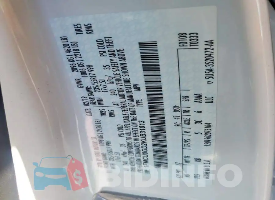 1FMCU0GD2KUB31013 Photo# 13