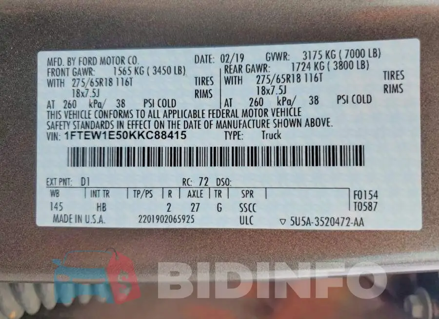1FTEW1E50KKC88415 Photo# 12
