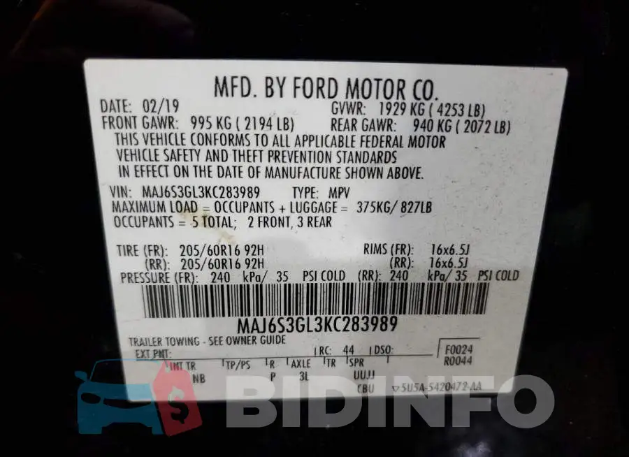 MAJ6S3GL3KC283989 Photo# 14