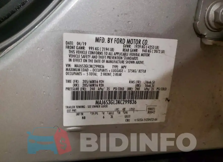 MAJ6S3GL3KC299836 Photo# 14
