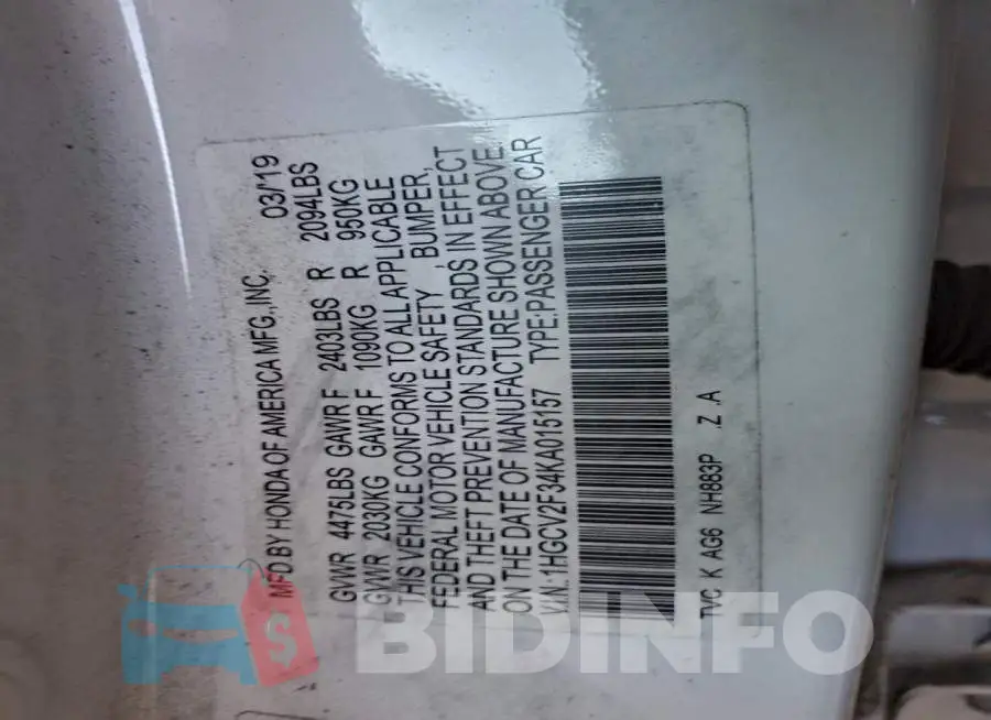 1HGCV2F34KA015157 Photo# 12
