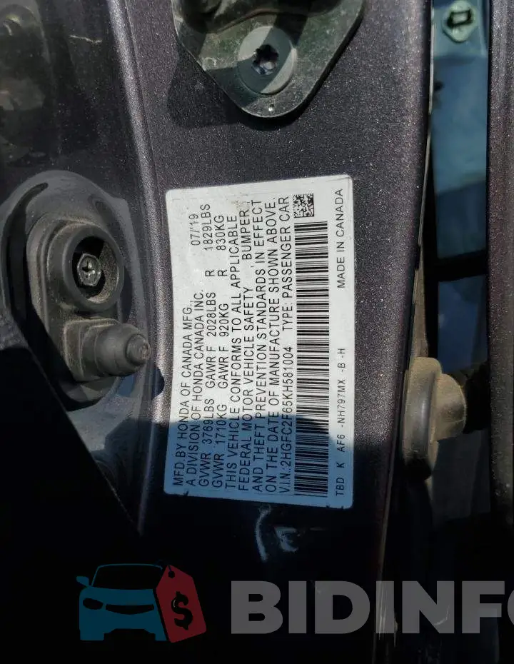 2HGFC2F65KH581004 Photo# 12