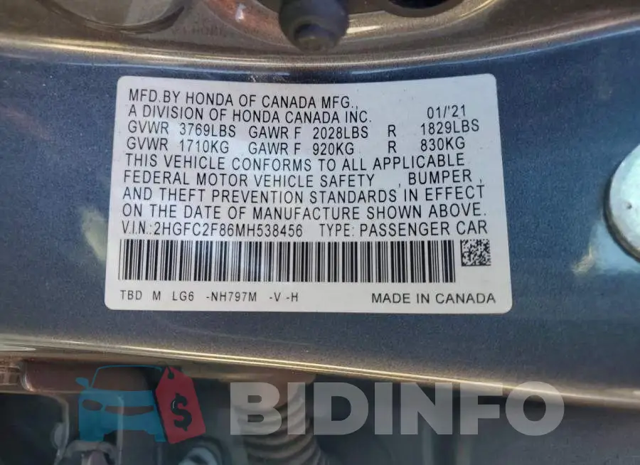 2HGFC2F86MH538456 Photo# 13