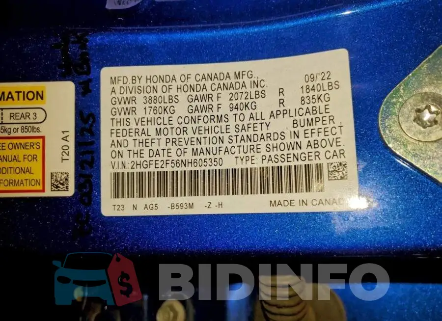 2HGFE2F56NH605350 Photo# 12