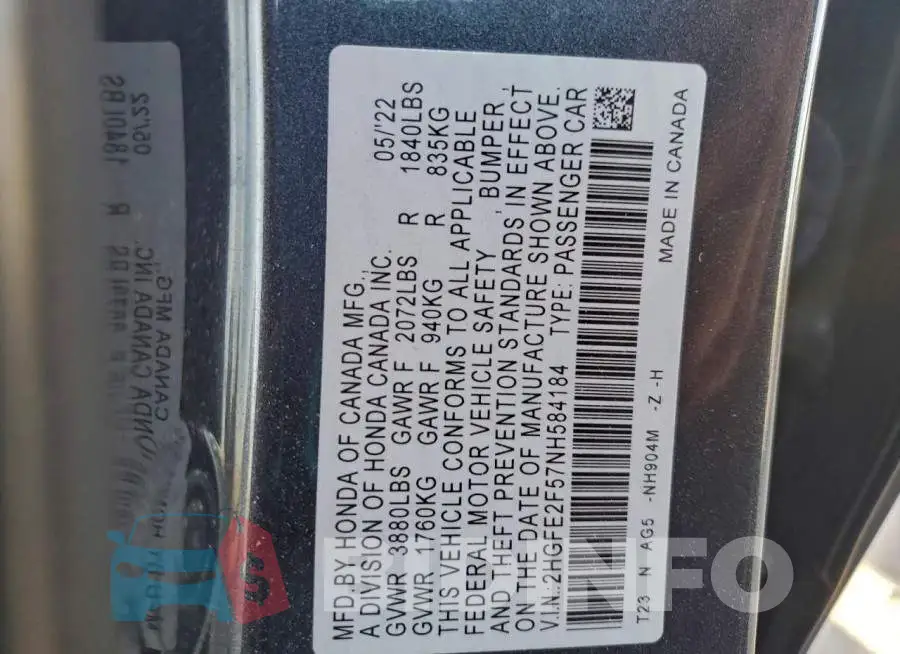2HGFE2F57NH584184 Photo# 13