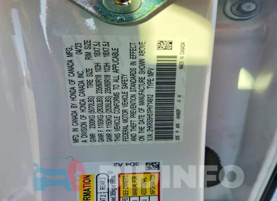 2HKRS5H51PH714912 Photo# 13