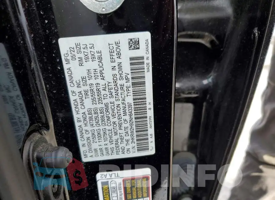 2HKRW2H92NH643397 Photo# 13