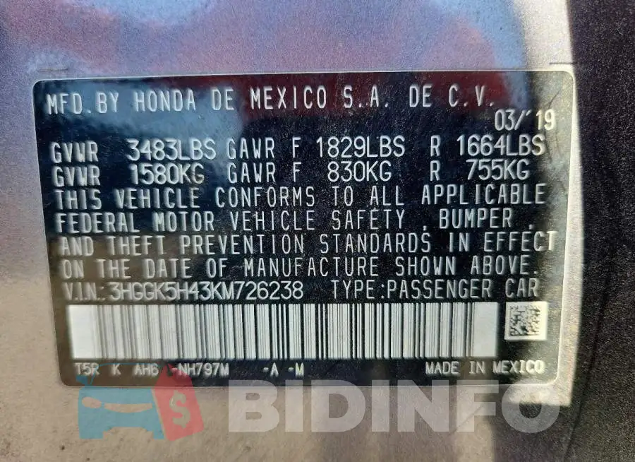 3HGGK5H43KM726238 Photo# 12