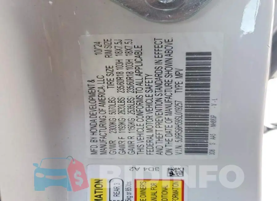5J6RS6H59SL019257 Photo# 14