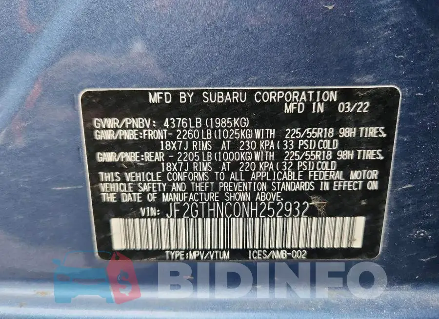 JF2GTHNC0NH252932 Photo# 12