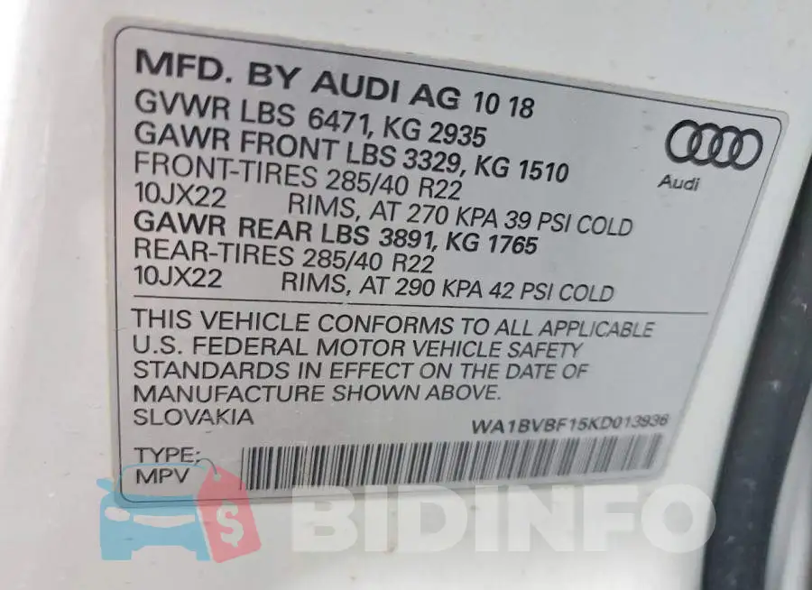 WA1BVBF15KD013936 Photo# 14