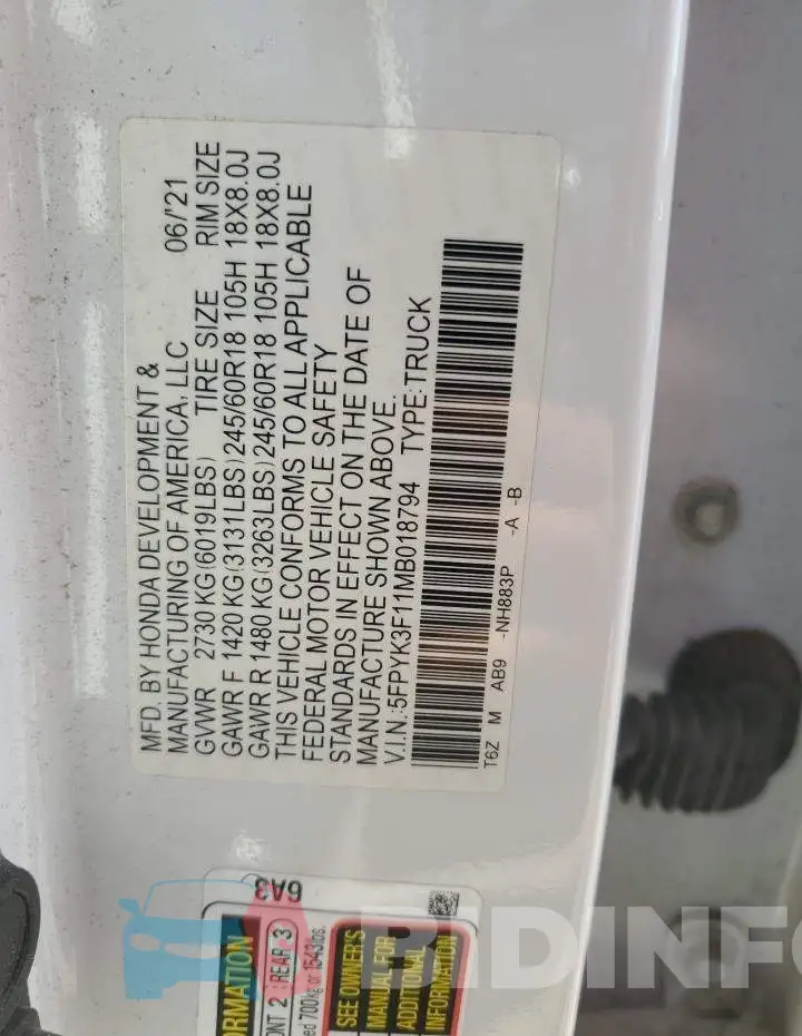 5FPYK3F11MB018794 Photo# 13