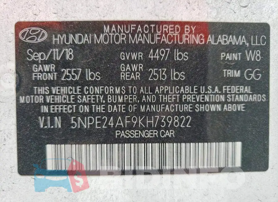 5NPE24AF9KH739822 Photo# 12
