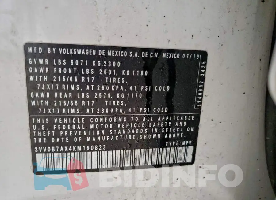 3VV0B7AX4KM190823 Photo# 13