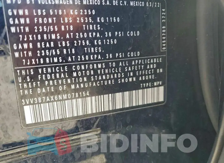 3VV3B7AX6NM078154 Photo# 13