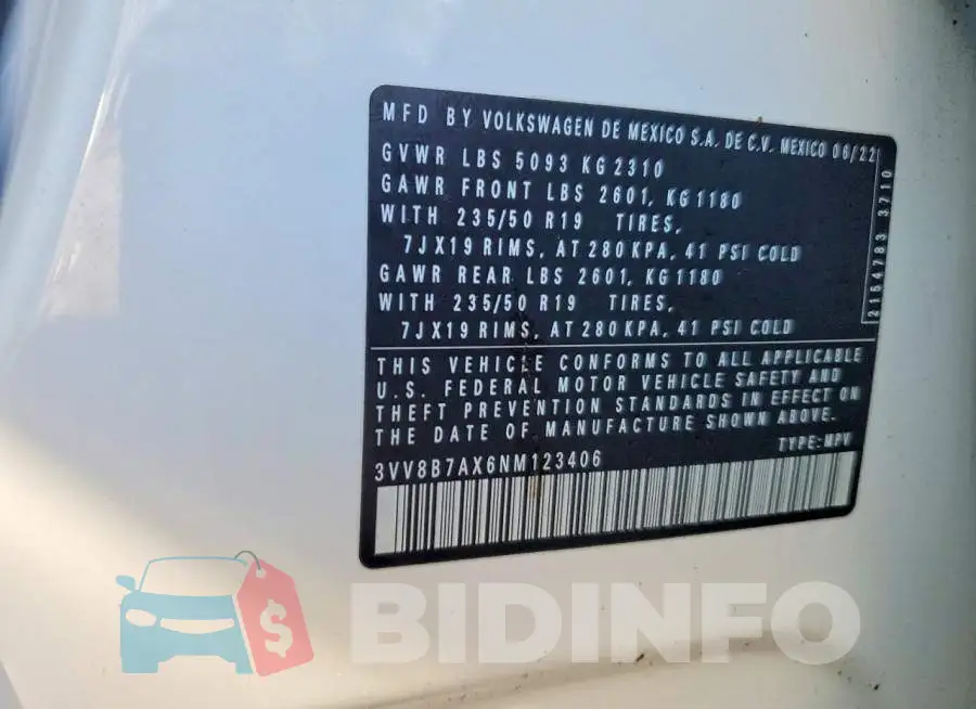 3VV8B7AX6NM123406 Photo# 13