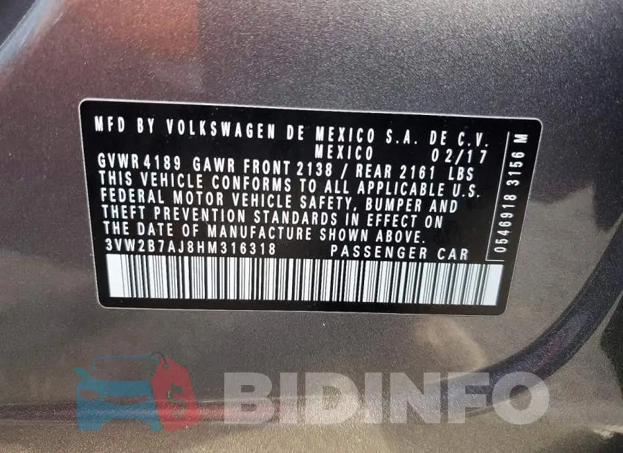 3VW2B7AJ8HM316318 Photo# 13