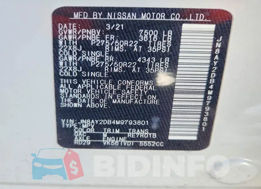 JN8AY2DB4M9793801 Photo# 14