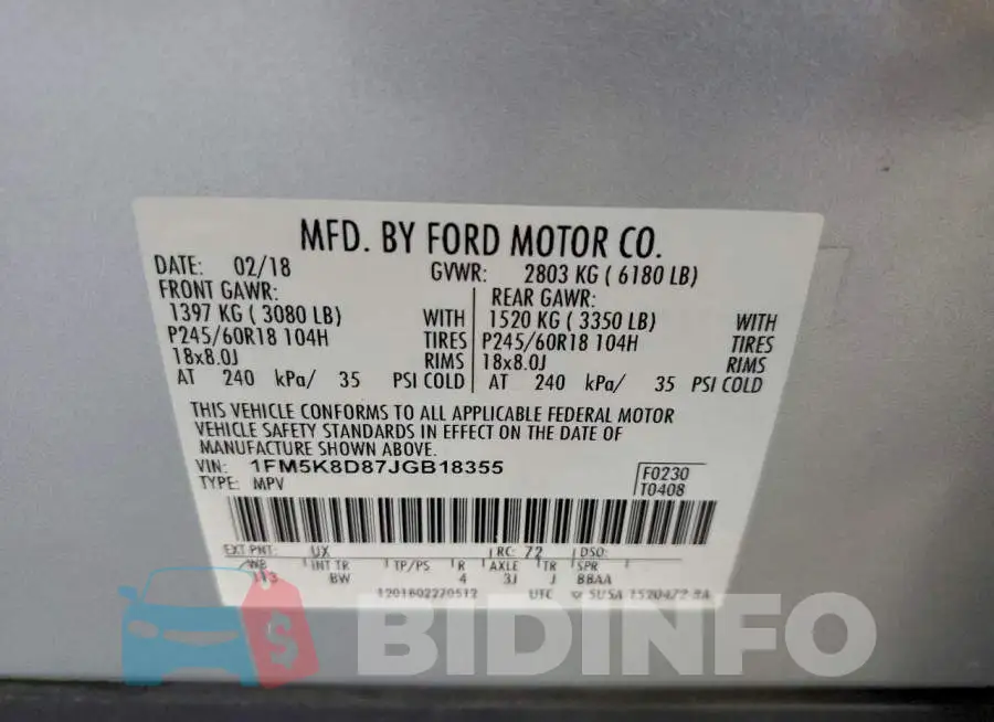 1FM5K8D87JGB18355 Photo# 14