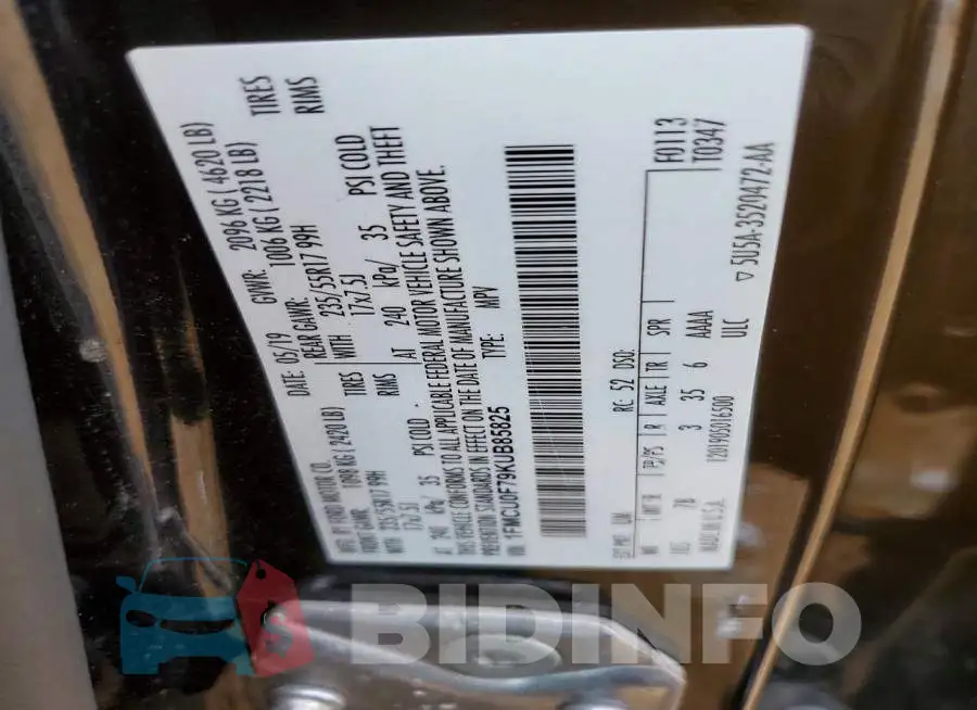 1FMCU0F79KUB85825 Photo# 13