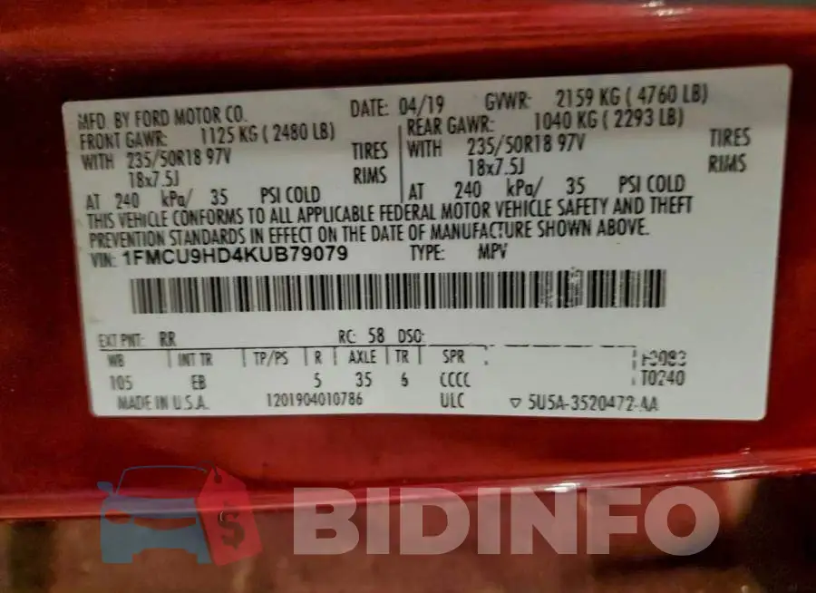 1FMCU9HD4KUB79079 Photo# 13