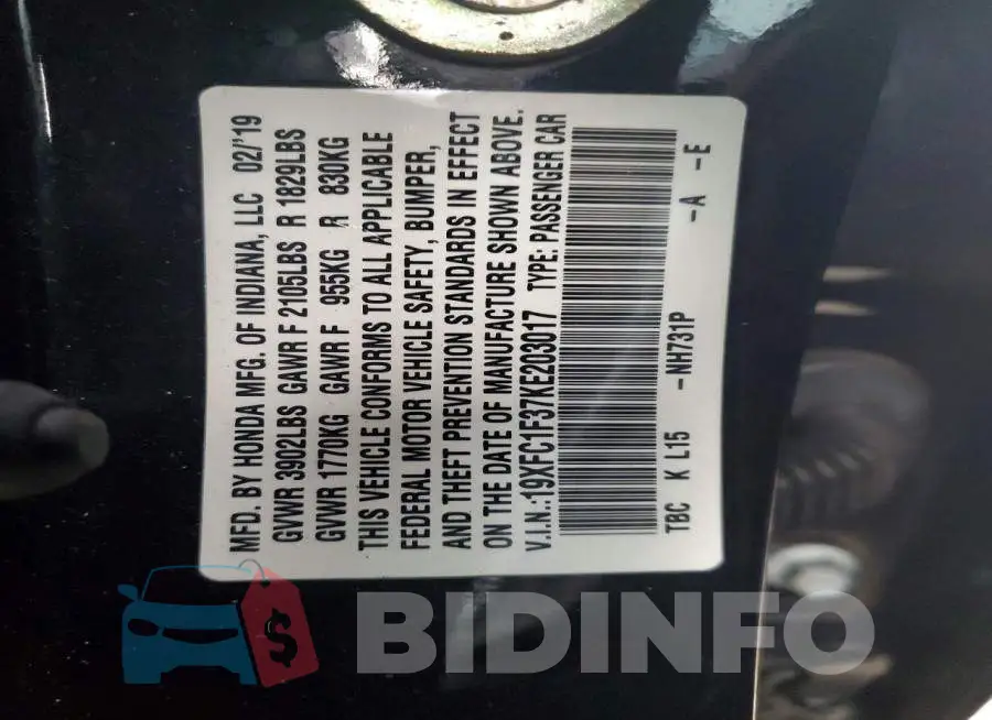 19XFC1F37KE203017 Photo# 12