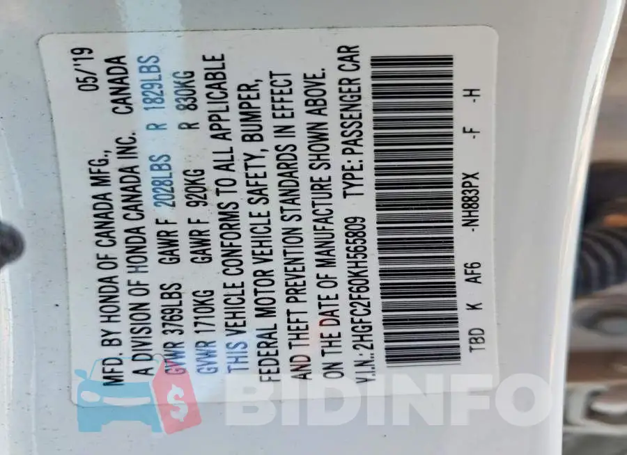 2HGFC2F60KH565809 Photo# 13