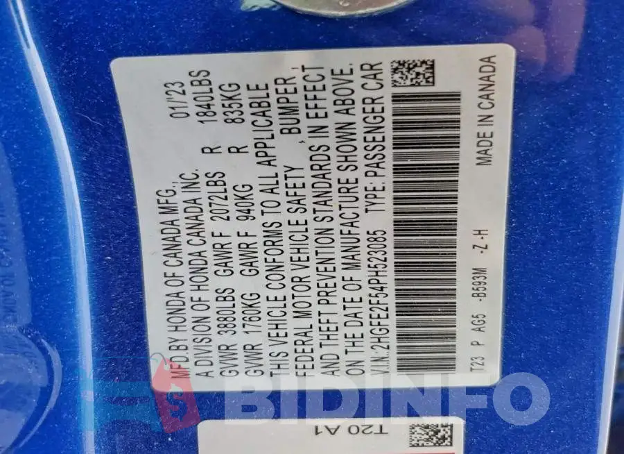2HGFE2F54PH523085 Photo# 12