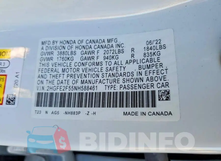 2HGFE2F55NH588461 Photo# 12