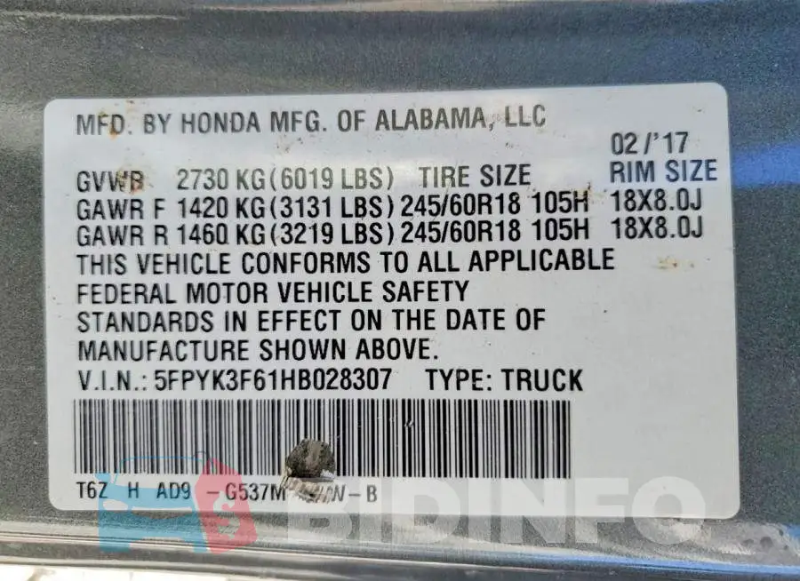 5FPYK3F61HB028307 Photo# 13