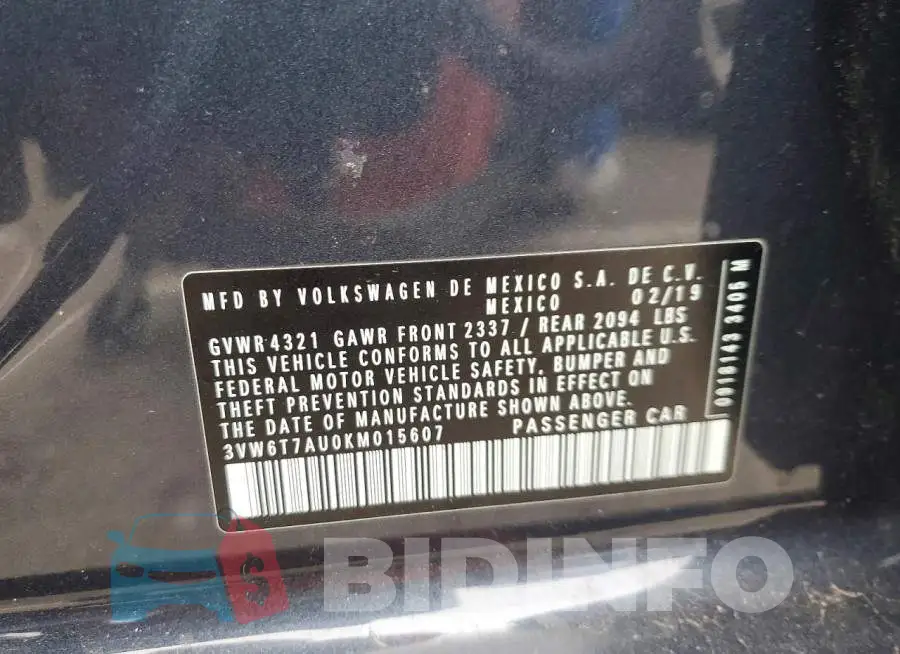 3VW6T7AU0KM015607 Photo# 12