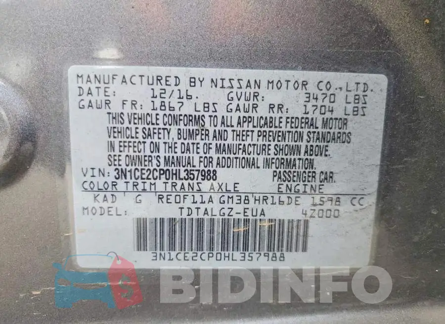 3N1CE2CP0HL357988 Photo# 13
