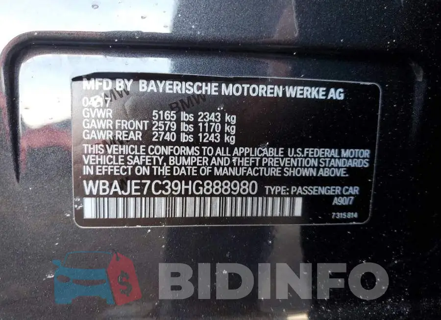 WBAJE7C39HG888980 Photo# 12