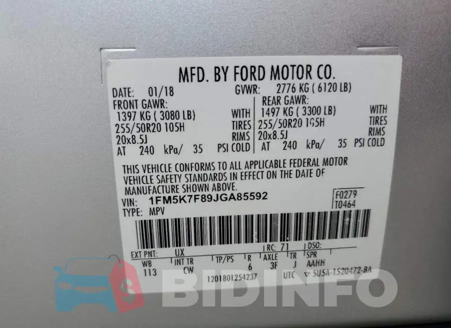 1FM5K7F89JGA85592 Photo# 13