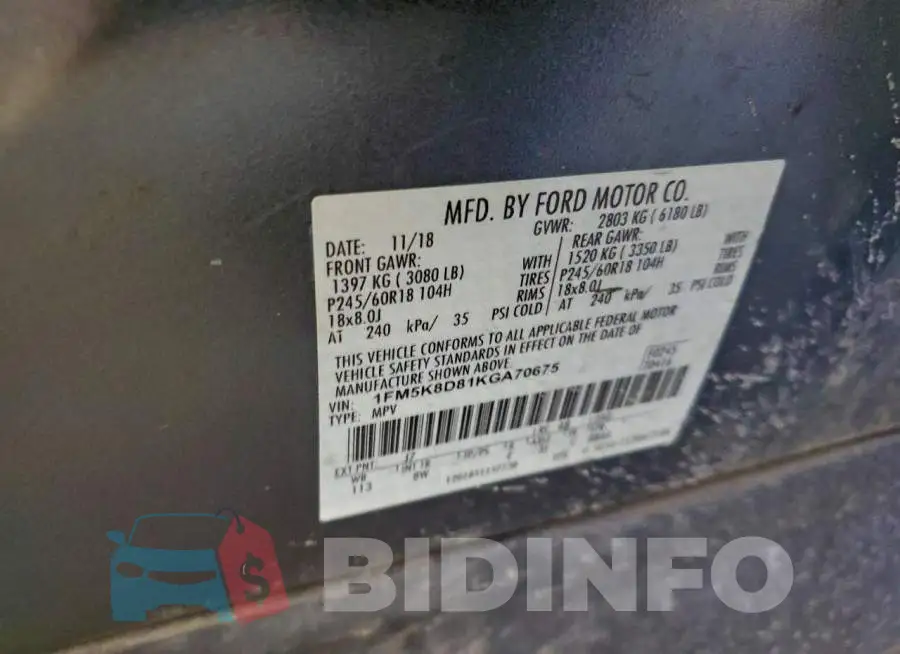 1FM5K8D81KGA70675 Photo# 13